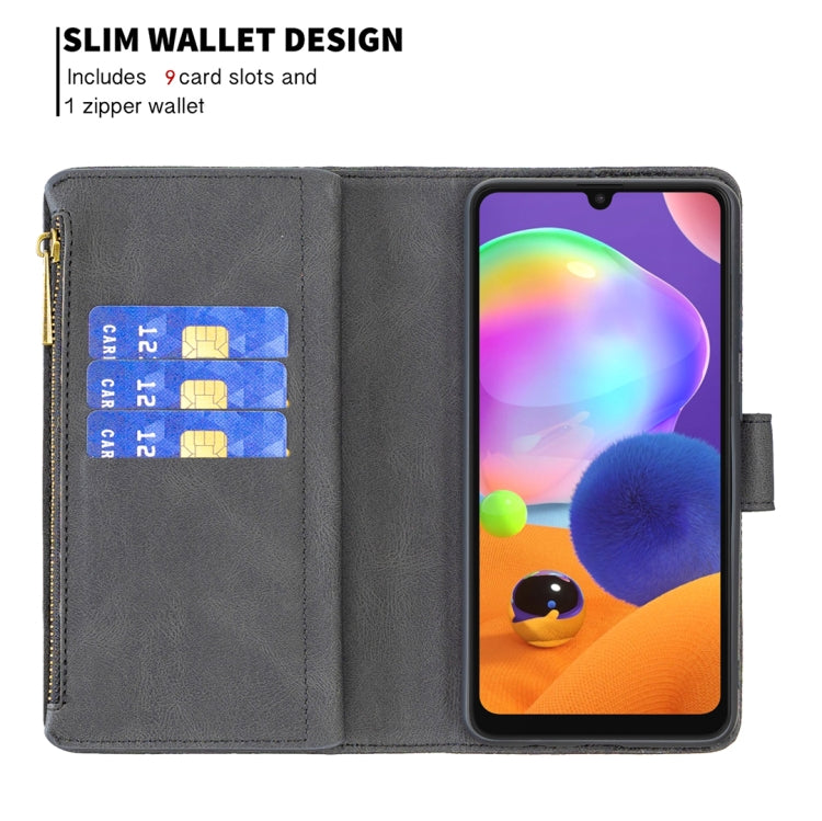 For Samsung Galaxy A31 Flying Butterfly Embossing Pattern Zipper Horizontal Flip Leather Case with Holder & Card Slots & Wallet