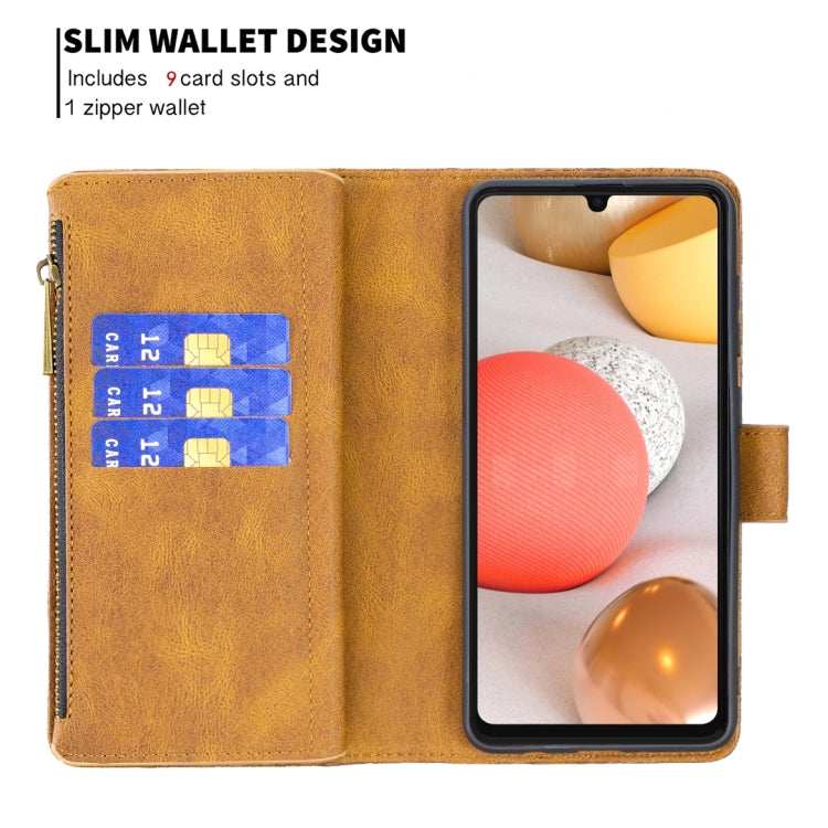 For Samsung Galaxy A42 Flying Butterfly Embossing Pattern Zipper Horizontal Flip Leather Case with Holder & Card Slots & Wallet