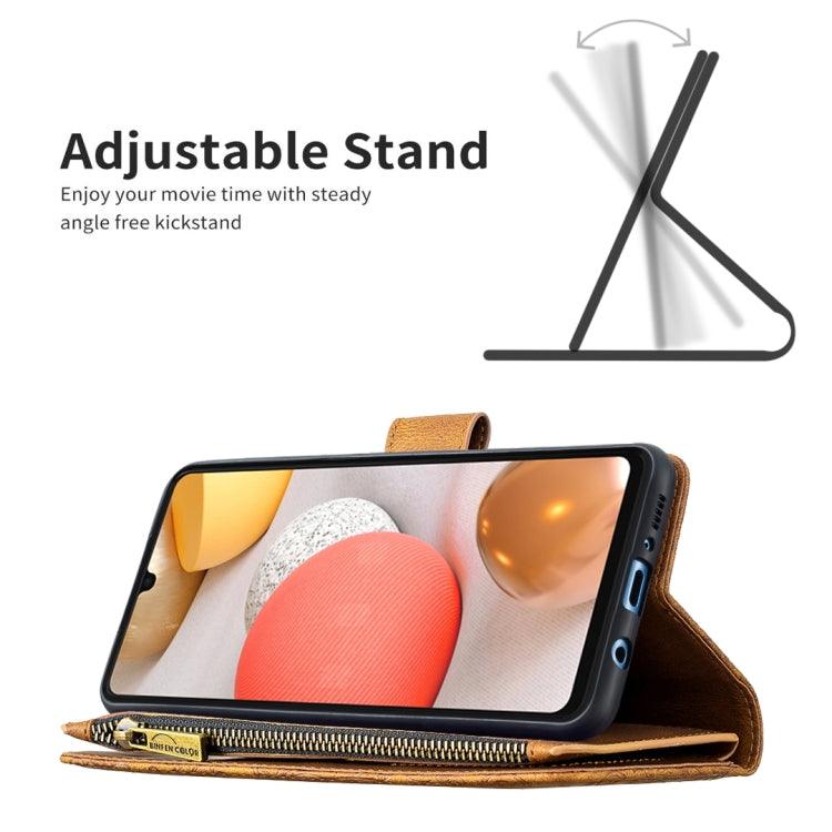 For Samsung Galaxy A42 Flying Butterfly Embossing Pattern Zipper Horizontal Flip Leather Case with Holder & Card Slots & Wallet