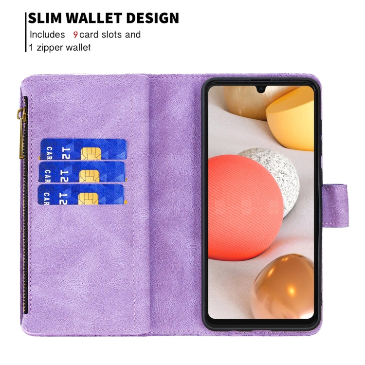 For Samsung Galaxy A42 Flying Butterfly Embossing Pattern Zipper Horizontal Flip Leather Case with Holder & Card Slots & Wallet