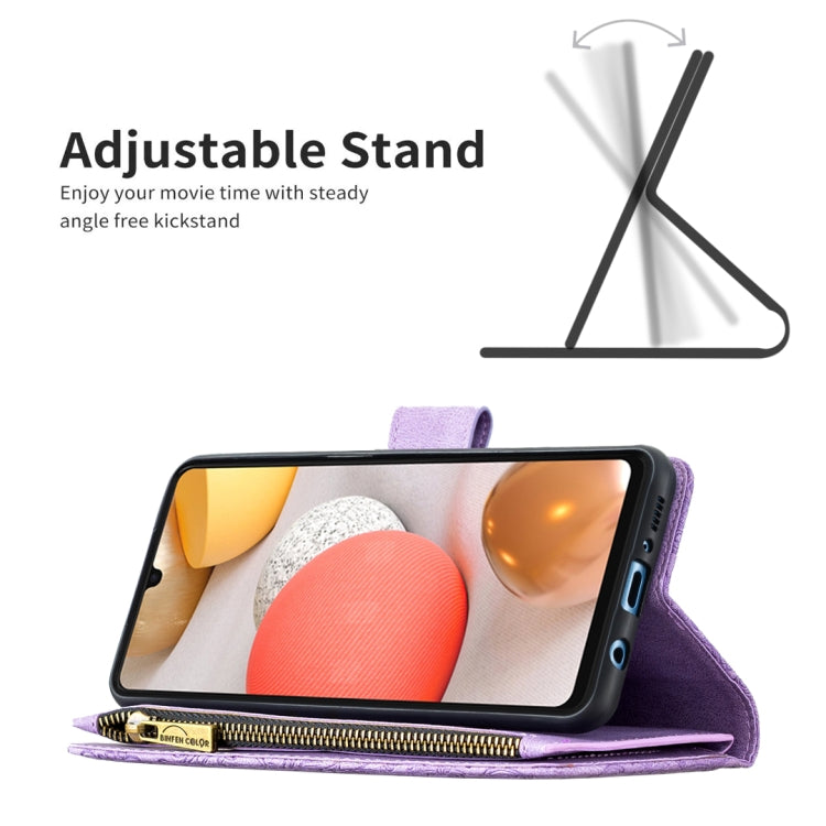 For Samsung Galaxy A42 Flying Butterfly Embossing Pattern Zipper Horizontal Flip Leather Case with Holder & Card Slots & Wallet