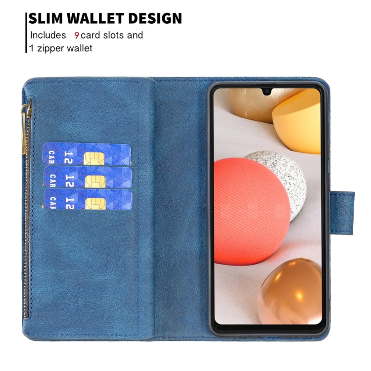 For Samsung Galaxy A42 Flying Butterfly Embossing Pattern Zipper Horizontal Flip Leather Case with Holder & Card Slots & Wallet