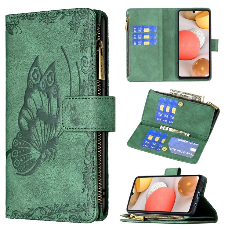 For Samsung Galaxy A42 Flying Butterfly Embossing Pattern Zipper Horizontal Flip Leather Case with Holder & Card Slots & Wallet