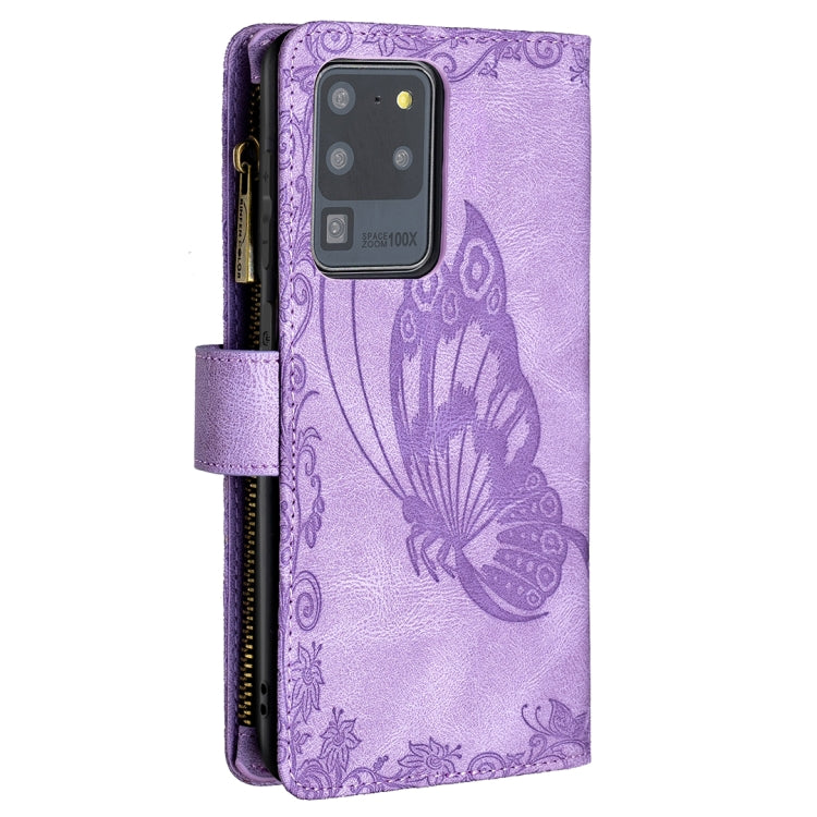 For Samsung Galaxy S20 Ultra Flying Butterfly Embossing Pattern Zipper Horizontal Flip Leather Case with Holder & Card Slots & Wallet