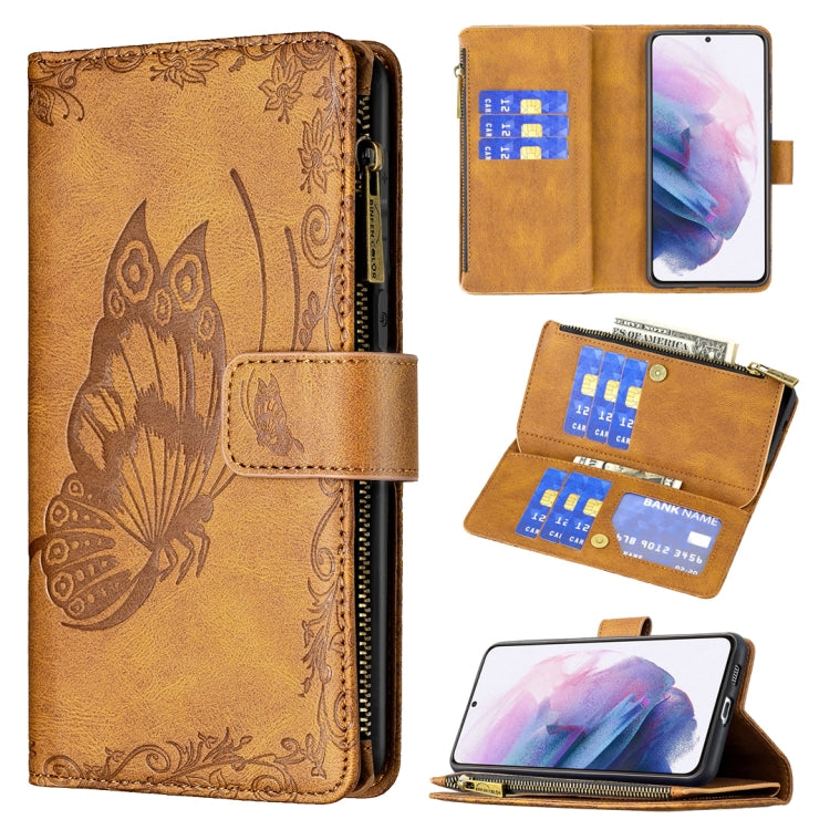 For Samsung Galaxy S21+ 5G Flying Butterfly Embossing Pattern Zipper Horizontal Flip Leather Case with Holder & Card Slots & Wallet