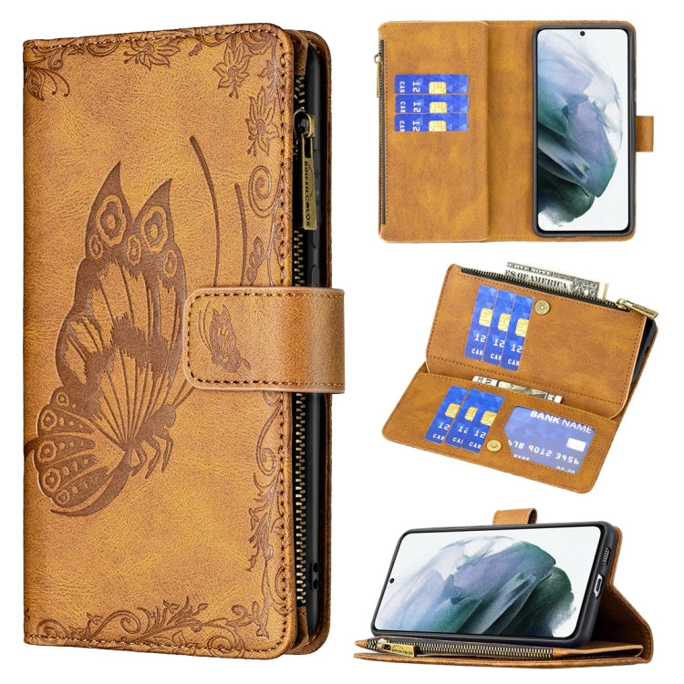 For Samsung Galaxy S21 FE Flying Butterfly Embossing Pattern Zipper Horizontal Flip Leather Case with Holder & Card Slots & Wallet