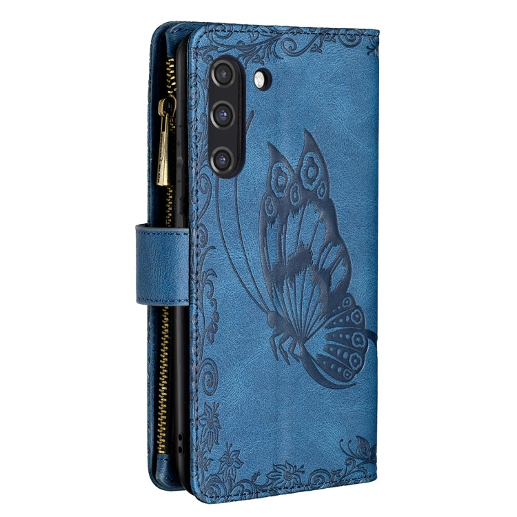 For Samsung Galaxy S21 FE Flying Butterfly Embossing Pattern Zipper Horizontal Flip Leather Case with Holder & Card Slots & Wallet