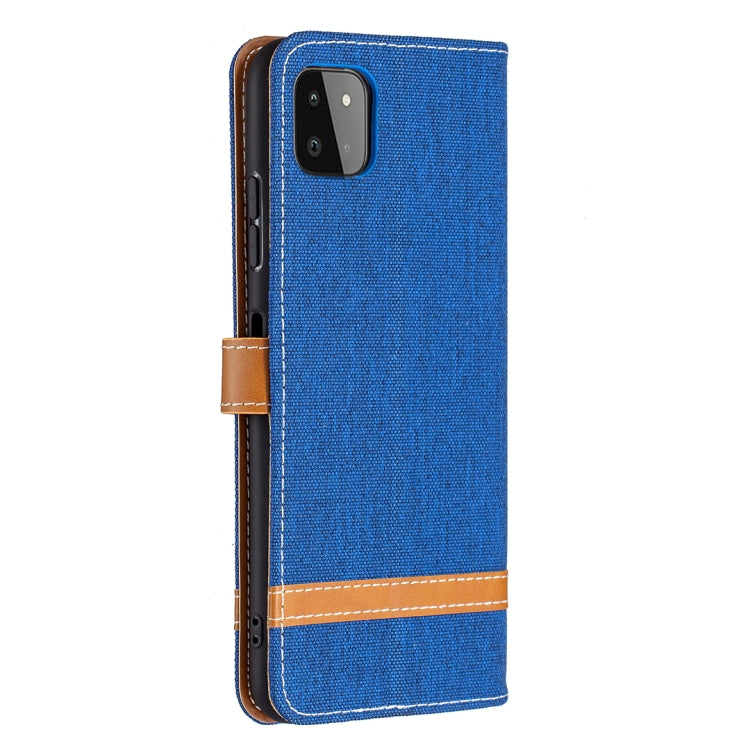 For Samsung Galaxy A22 5G Color Matching Denim Texture Horizontal Flip Leather Case with Holder & Card Slots & Wallet & Lanyard
