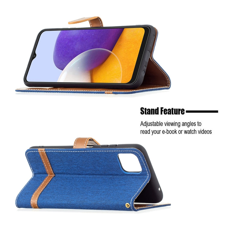 For Samsung Galaxy A22 5G Color Matching Denim Texture Horizontal Flip Leather Case with Holder & Card Slots & Wallet & Lanyard