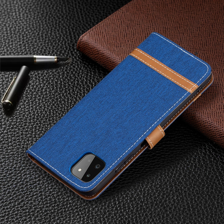 For Samsung Galaxy A22 5G Color Matching Denim Texture Horizontal Flip Leather Case with Holder & Card Slots & Wallet & Lanyard