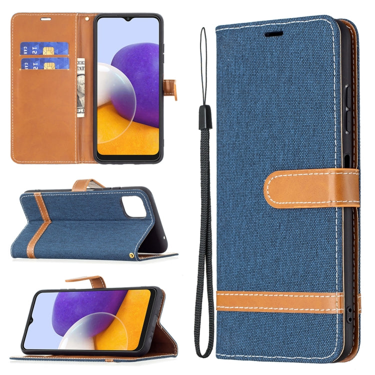 For Samsung Galaxy A22 5G Color Matching Denim Texture Horizontal Flip Leather Case with Holder & Card Slots & Wallet & Lanyard