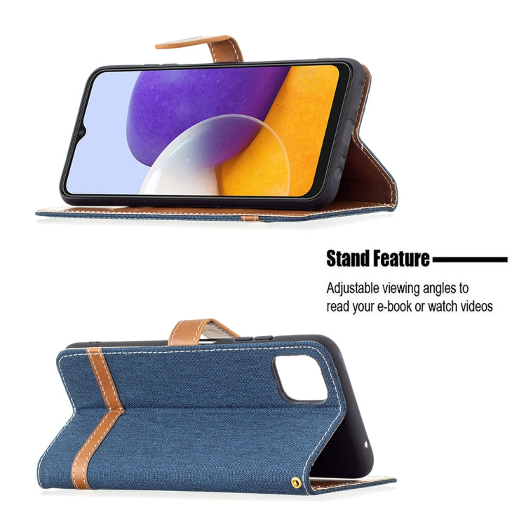 For Samsung Galaxy A22 5G Color Matching Denim Texture Horizontal Flip Leather Case with Holder & Card Slots & Wallet & Lanyard