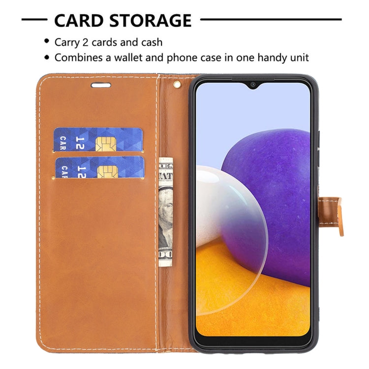 For Samsung Galaxy A22 5G Color Matching Denim Texture Horizontal Flip Leather Case with Holder & Card Slots & Wallet & Lanyard