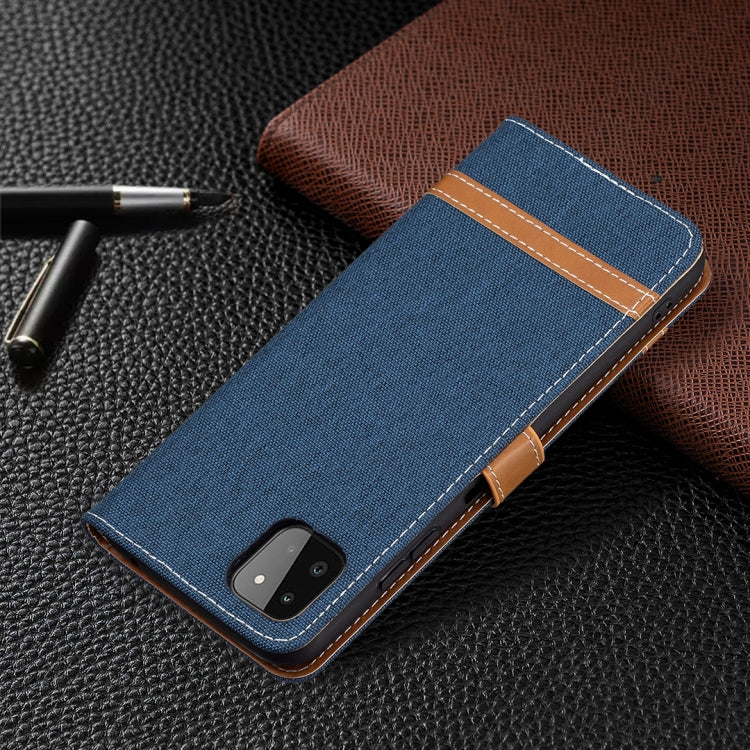 For Samsung Galaxy A22 5G Color Matching Denim Texture Horizontal Flip Leather Case with Holder & Card Slots & Wallet & Lanyard