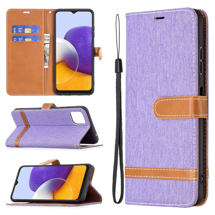 For Samsung Galaxy A22 5G Color Matching Denim Texture Horizontal Flip Leather Case with Holder & Card Slots & Wallet & Lanyard