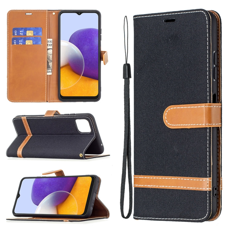 For Samsung Galaxy A22 5G Color Matching Denim Texture Horizontal Flip Leather Case with Holder & Card Slots & Wallet & Lanyard