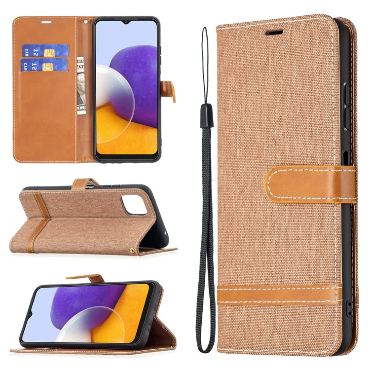 For Samsung Galaxy A22 5G Color Matching Denim Texture Horizontal Flip Leather Case with Holder & Card Slots & Wallet & Lanyard