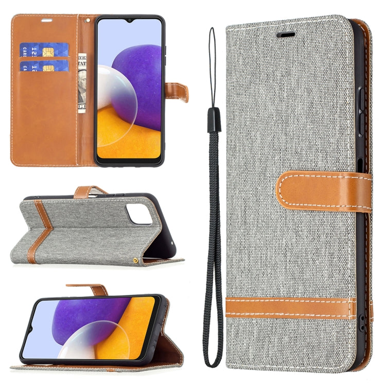 For Samsung Galaxy A22 5G Color Matching Denim Texture Horizontal Flip Leather Case with Holder & Card Slots & Wallet & Lanyard