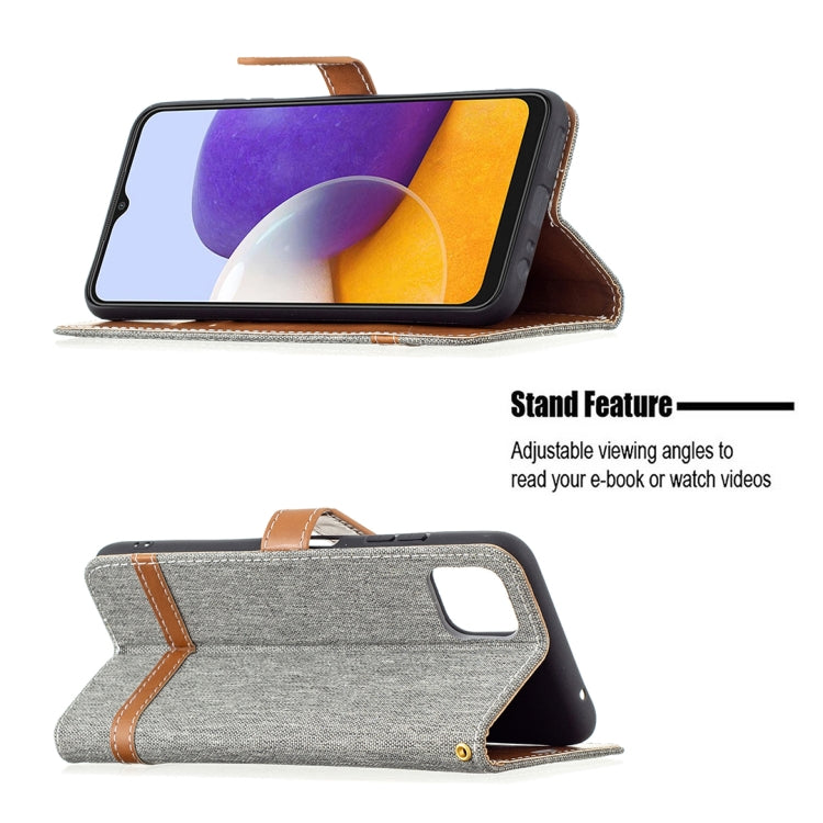 For Samsung Galaxy A22 5G Color Matching Denim Texture Horizontal Flip Leather Case with Holder & Card Slots & Wallet & Lanyard
