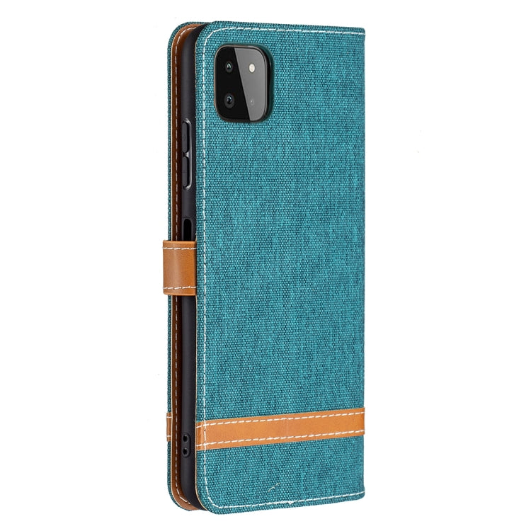 For Samsung Galaxy A22 5G Color Matching Denim Texture Horizontal Flip Leather Case with Holder & Card Slots & Wallet & Lanyard