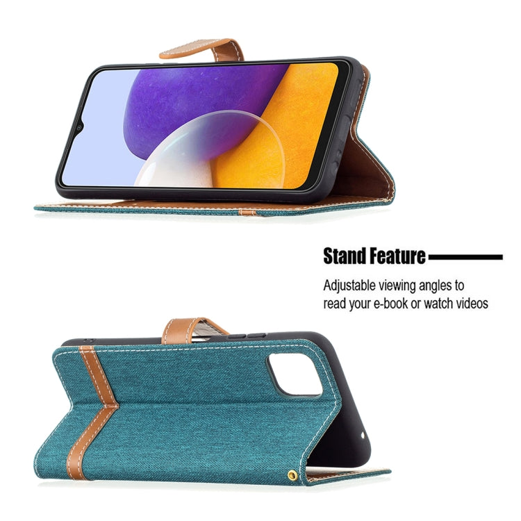 For Samsung Galaxy A22 5G Color Matching Denim Texture Horizontal Flip Leather Case with Holder & Card Slots & Wallet & Lanyard