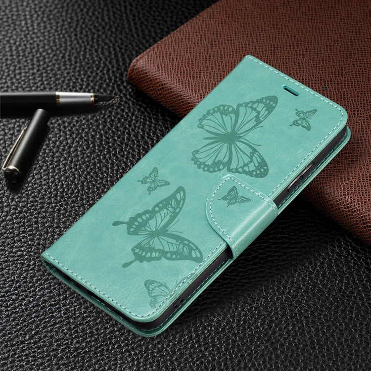 For Samsung Galaxy A22 5G Embossing Two Butterflies Pattern Horizontal Flip PU Leather Case with Holder & Card Slot & Wallet & Lanyard