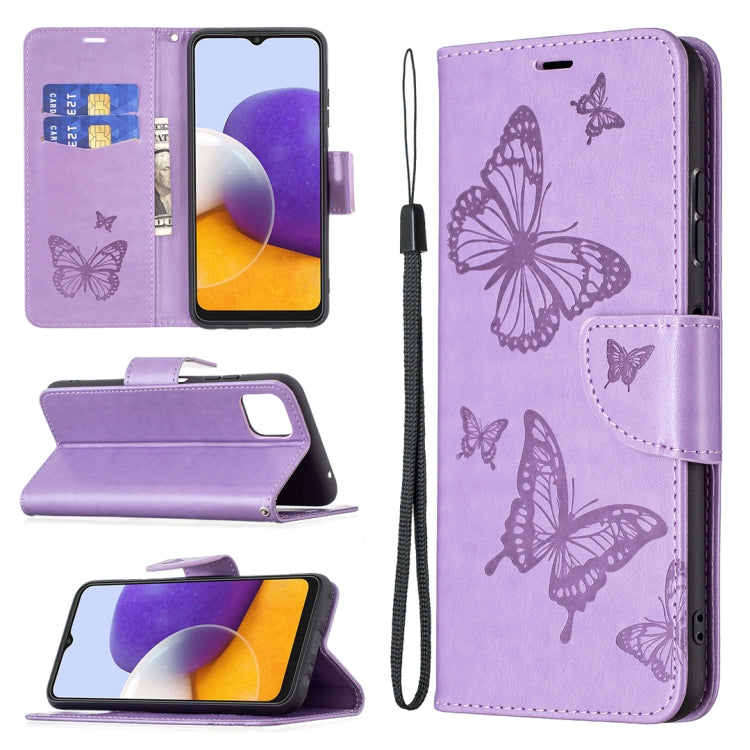 For Samsung Galaxy A22 5G Embossing Two Butterflies Pattern Horizontal Flip PU Leather Case with Holder & Card Slot & Wallet & Lanyard