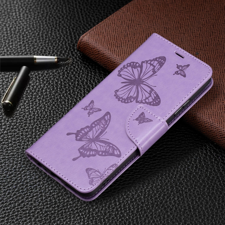 For Samsung Galaxy A22 5G Embossing Two Butterflies Pattern Horizontal Flip PU Leather Case with Holder & Card Slot & Wallet & Lanyard