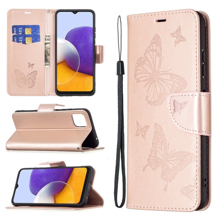 For Samsung Galaxy A22 5G Embossing Two Butterflies Pattern Horizontal Flip PU Leather Case with Holder & Card Slot & Wallet & Lanyard