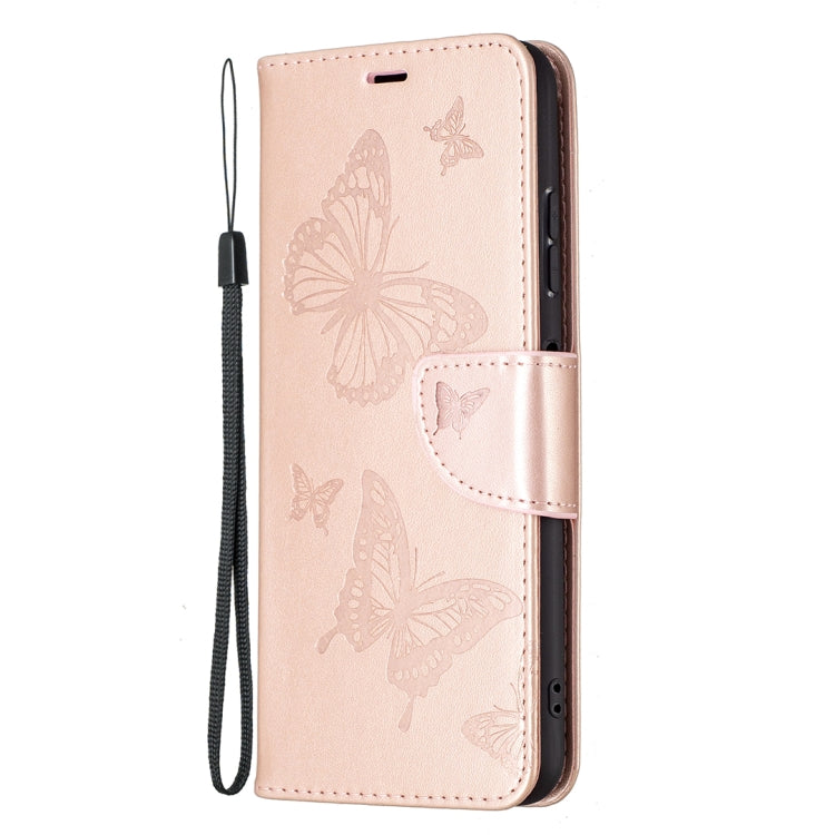 For Samsung Galaxy A22 5G Embossing Two Butterflies Pattern Horizontal Flip PU Leather Case with Holder & Card Slot & Wallet & Lanyard