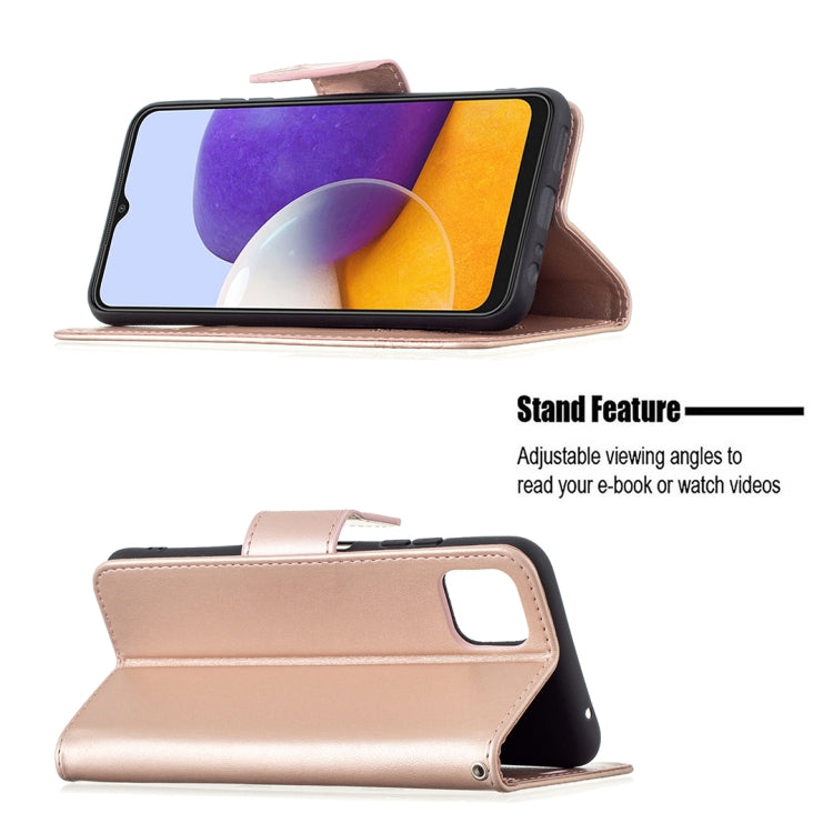 For Samsung Galaxy A22 5G Embossing Two Butterflies Pattern Horizontal Flip PU Leather Case with Holder & Card Slot & Wallet & Lanyard