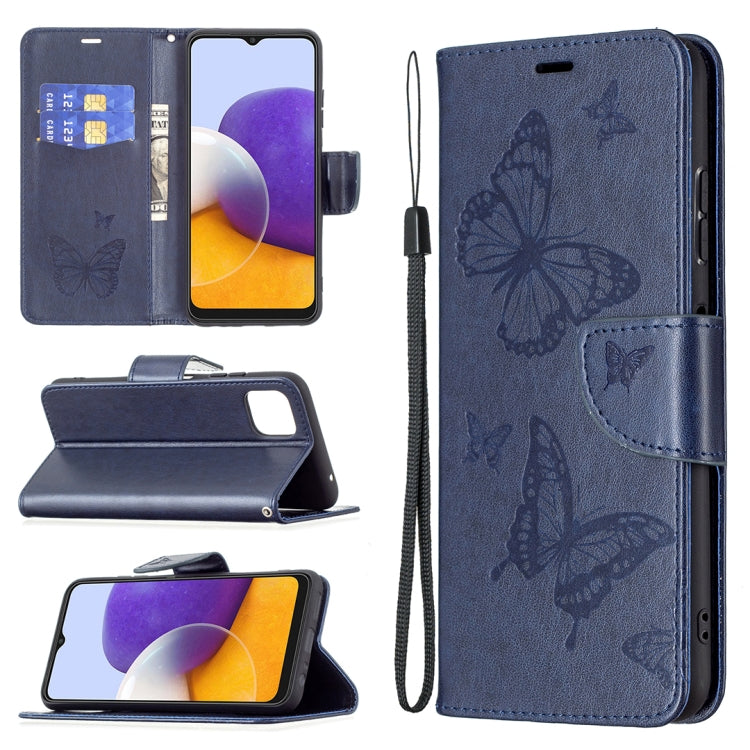 For Samsung Galaxy A22 5G Embossing Two Butterflies Pattern Horizontal Flip PU Leather Case with Holder & Card Slot & Wallet & Lanyard