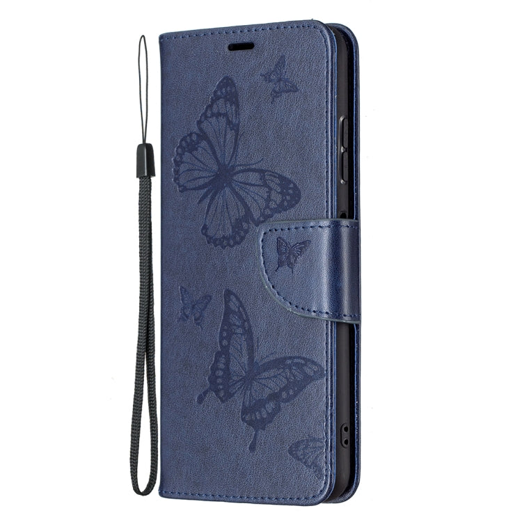 For Samsung Galaxy A22 5G Embossing Two Butterflies Pattern Horizontal Flip PU Leather Case with Holder & Card Slot & Wallet & Lanyard