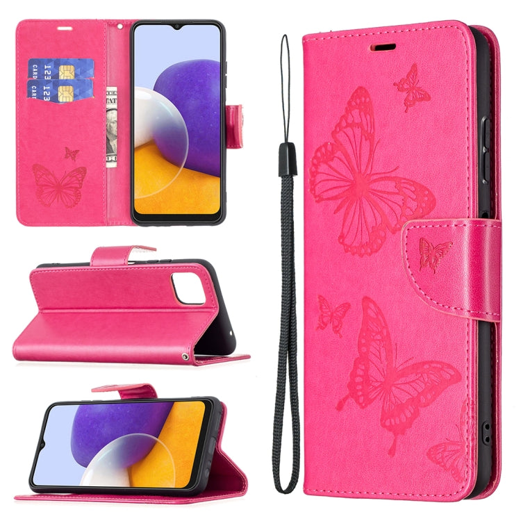 For Samsung Galaxy A22 5G Embossing Two Butterflies Pattern Horizontal Flip PU Leather Case with Holder & Card Slot & Wallet & Lanyard