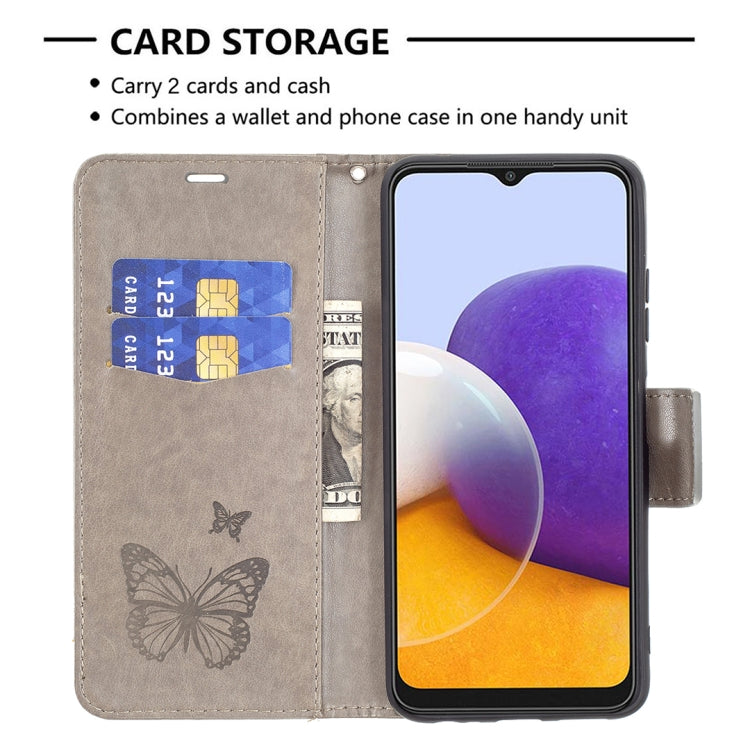 For Samsung Galaxy A22 5G Embossing Two Butterflies Pattern Horizontal Flip PU Leather Case with Holder & Card Slot & Wallet & Lanyard
