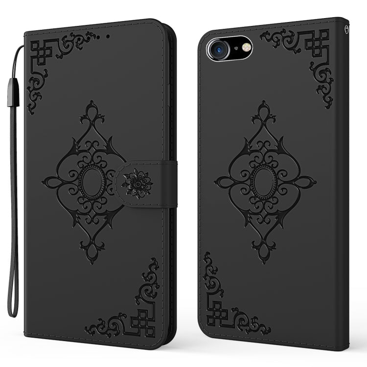 For iPhone SE 2022 / SE 2020 / 8 / 7 Embossed Fortune Flower Pattern Horizontal Flip Leather Case with Holder & Card Slot & Wallet & Lanyard