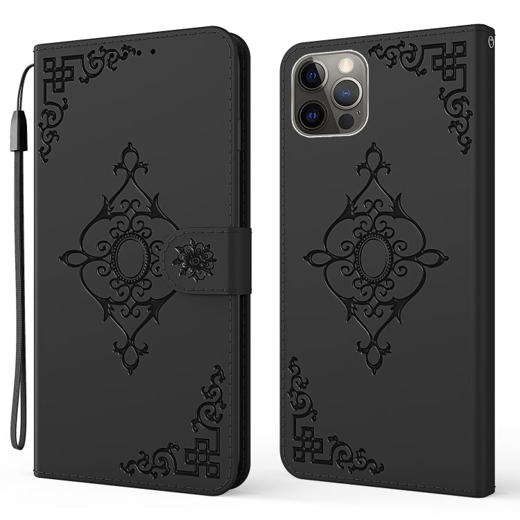 For iPhone 12 / 12 Pro Embossed Fortune Flower Pattern Horizontal Flip Leather Case with Holder & Card Slot & Wallet & Lanyard