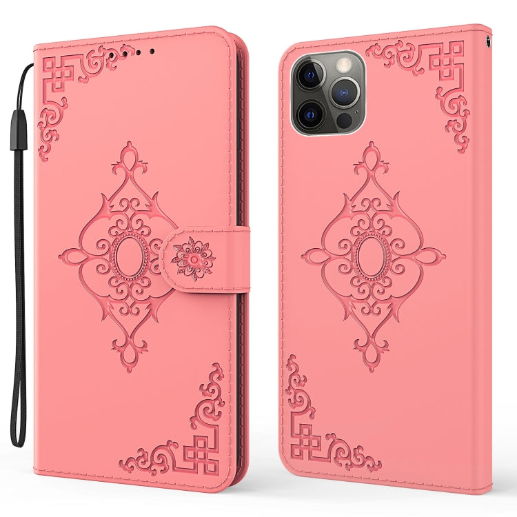 For iPhone 12 Pro Max Embossed Fortune Flower Pattern Horizontal Flip Leather Case with Holder & Card Slot & Wallet & Lanyard