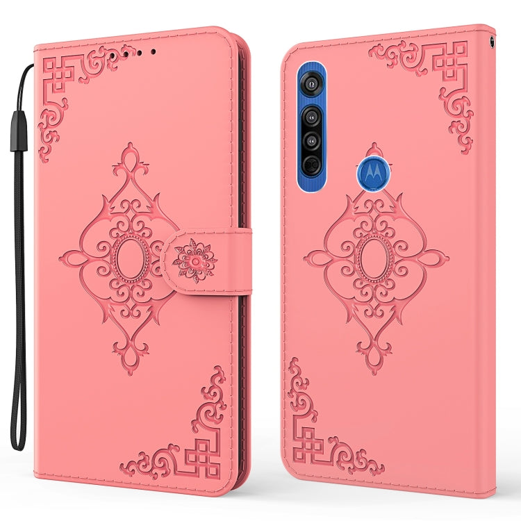 For Motorola Moto G8 Embossed Fortune Flower Pattern Horizontal Flip Leather Case with Holder & Card Slot & Wallet & Lanyard
