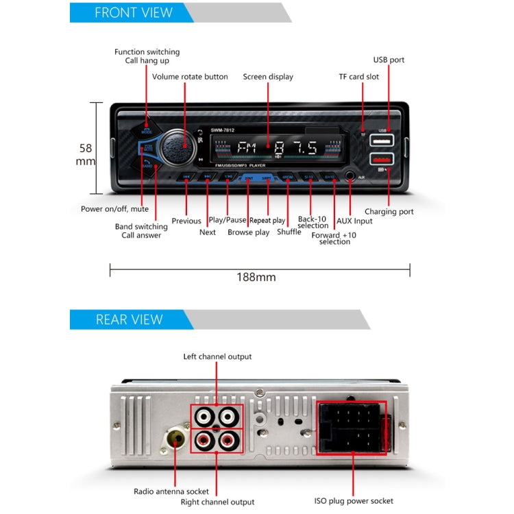 SWM-7812 Universal Car MP3 Player, Support FM & Bluetooth & TF Card with Remote Control