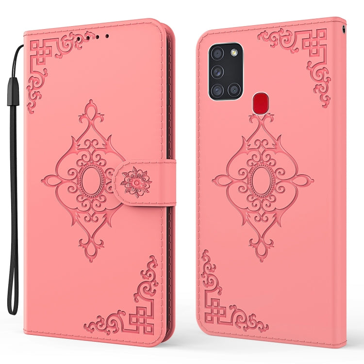 For Samsung Galaxy A21s Embossed Fortune Flower Pattern Horizontal Flip Leather Case with Holder & Card Slot & Wallet & Lanyard