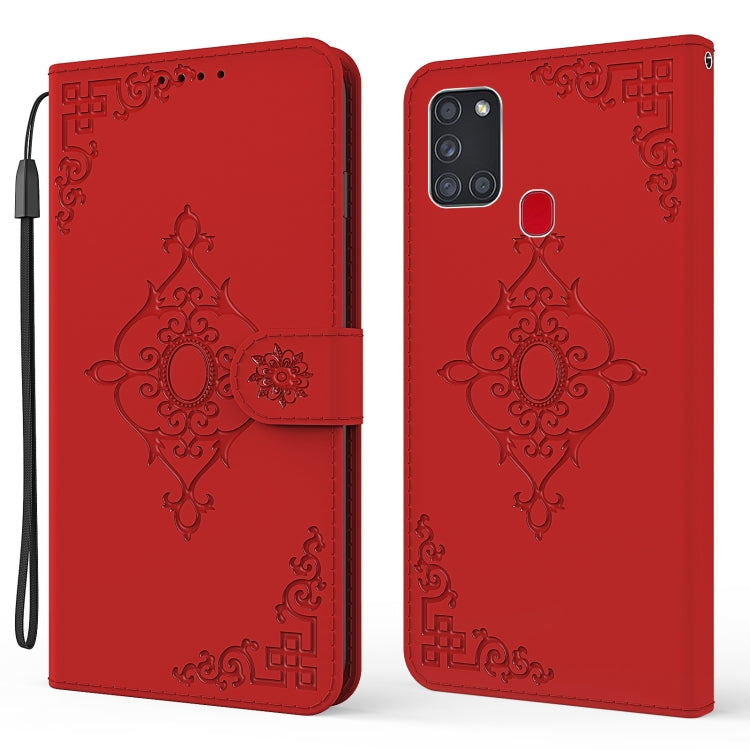 For Samsung Galaxy A21s Embossed Fortune Flower Pattern Horizontal Flip Leather Case with Holder & Card Slot & Wallet & Lanyard