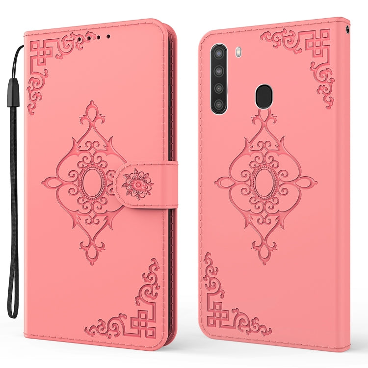 For  Samsung Galaxy A21 US Version Embossed Fortune Flower Pattern Horizontal Flip Leather Case with Holder & Card Slot & Wallet & Lanyard
