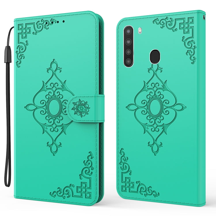 For  Samsung Galaxy A21 US Version Embossed Fortune Flower Pattern Horizontal Flip Leather Case with Holder & Card Slot & Wallet & Lanyard
