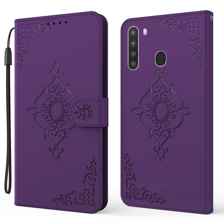 For Samsung Galaxy A21 EU Version Embossed Fortune Flower Pattern Horizontal Flip Leather Case with Holder & Card Slot & Wallet & Lanyard