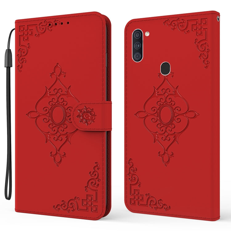 For Samsung Galaxy A11 Embossed Fortune Flower Pattern Horizontal Flip Leather Case with Holder & Card Slot & Wallet & Lanyard