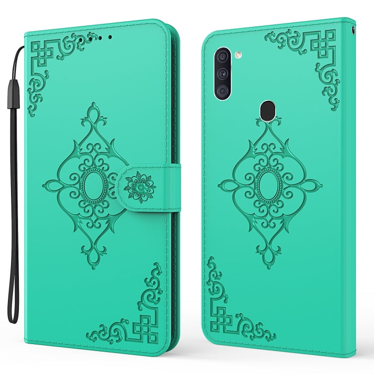 For Samsung Galaxy A11 Embossed Fortune Flower Pattern Horizontal Flip Leather Case with Holder & Card Slot & Wallet & Lanyard