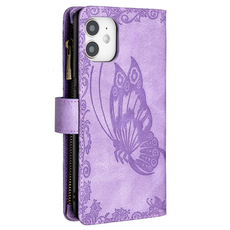 For iPhone 12 mini Flying Butterfly Embossing Pattern Zipper Horizontal Flip Leather Case with Holder & Card Slots & Wallet