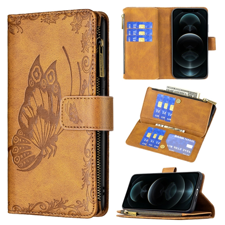 For iPhone 12 Flying Butterfly Embossing Pattern Zipper Horizontal Flip Leather Case with Holder & Card Slots & Wallet