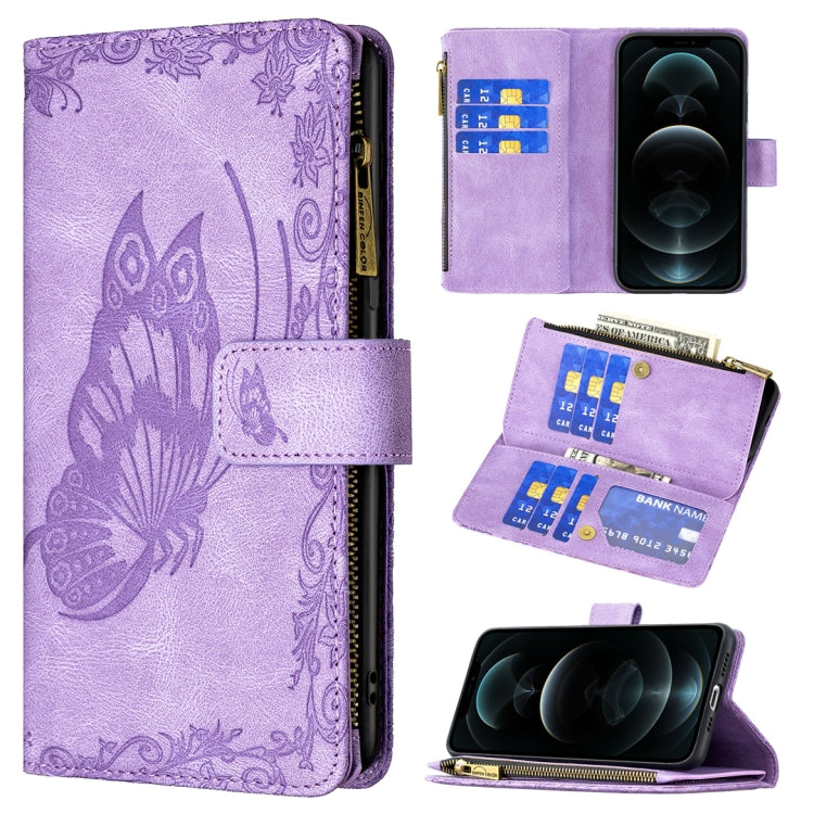 For iPhone 12 Flying Butterfly Embossing Pattern Zipper Horizontal Flip Leather Case with Holder & Card Slots & Wallet